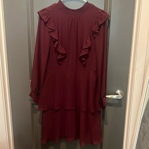 Express Burgundy Long Sleeve Ruffles Dress